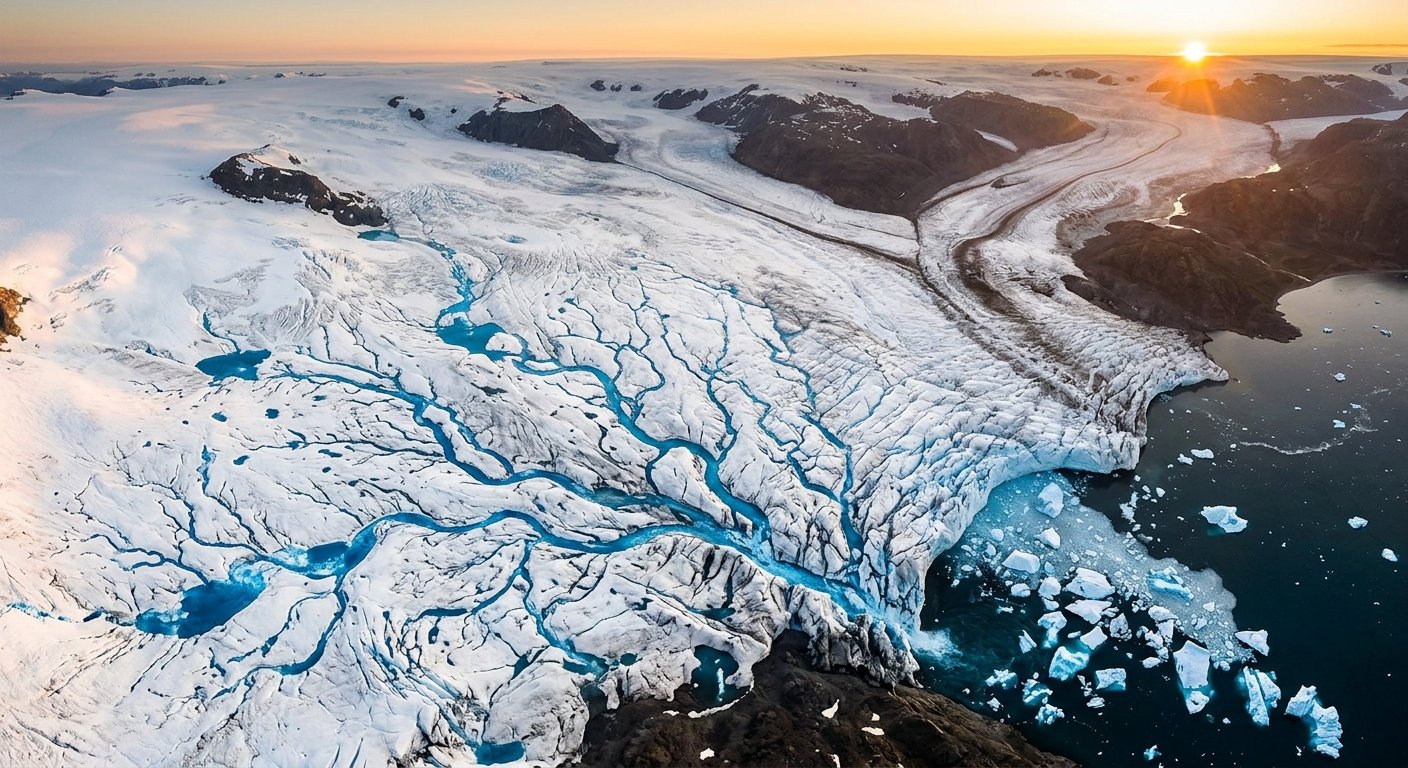 Photorealistic satellite view of a melting polar glacier with vivid blue meltwater rivers carving across white ice, dramatic aerial perspective, warm sunrise light, high detail